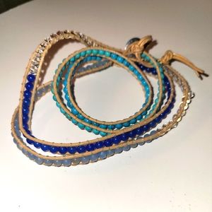 Victoria Emerson tan leather blue tones and clear beads